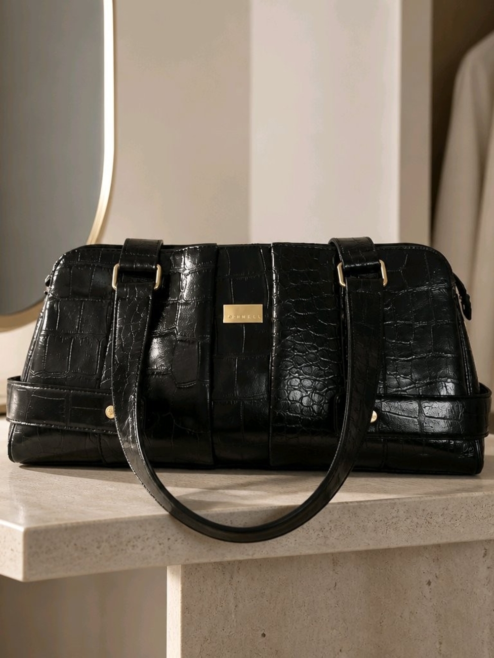 Vintage Cornell Black Croc-Embossed Structured Faux Leather Satchel Shoulder Bag